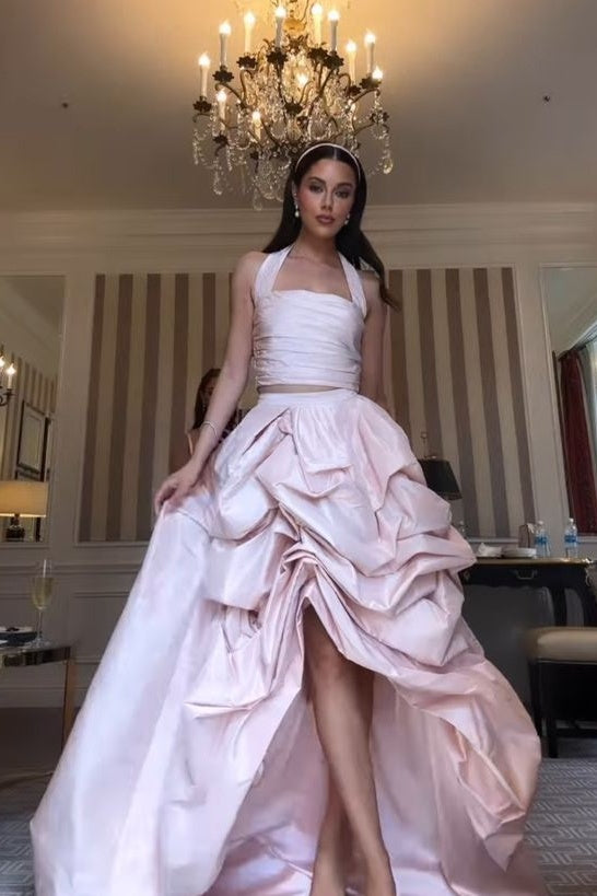 pink taffeta prom dress Custom-made Vintage Taffeta strapless homecoming Dress with Bow and Ruffled Sweep Train