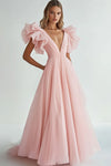 Pink V Neck Chiffon Long Evening Dress With Short Sleeves