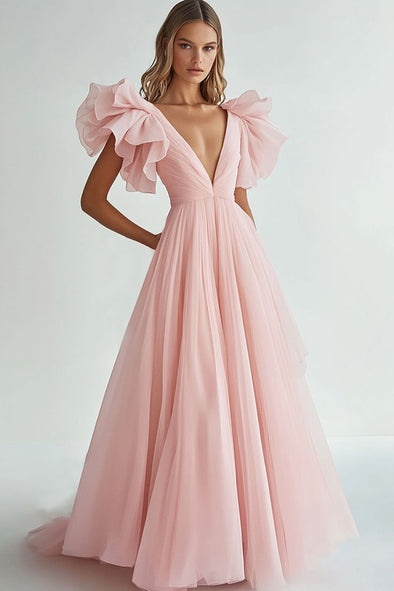 Pink V Neck Chiffon Long Evening Dress With Short Sleeves