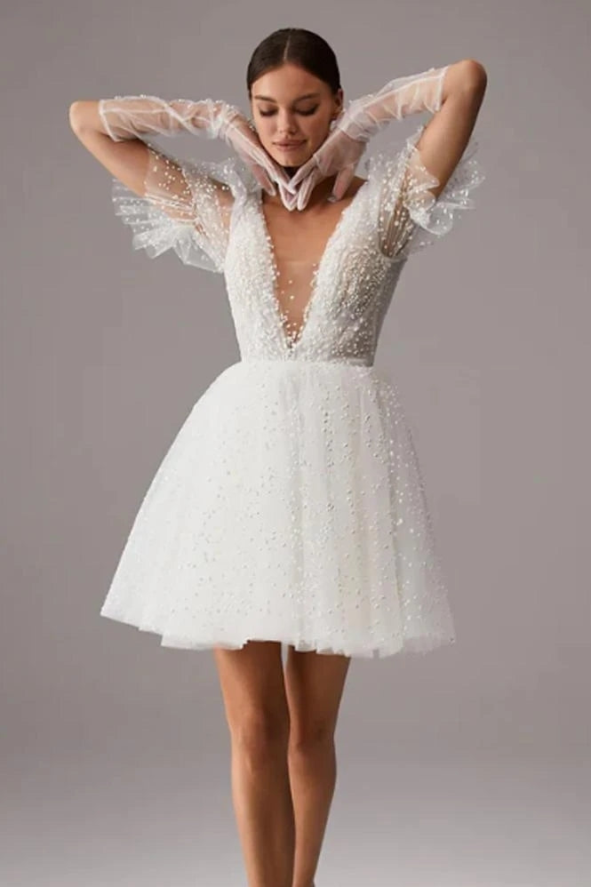 White Fairy Short Mini Cocktail Dress With Pearls TANYA BRIDAL White Fairy Short Mini Cocktail Dress With Pearls TANYA BRIDAL