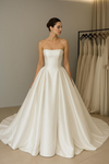 Simple Ivory Satin Wedding Dress Court Train With Buttons