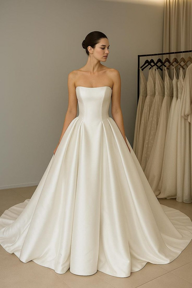 Simple Ivory Satin Wedding Dress Court Train With Buttons