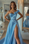 One Shoulder Flower Strap Long Satin Blue Prom Dress