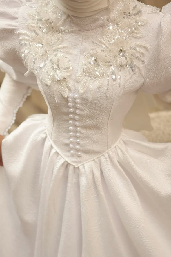 #DZ9443 Muslim Wedding Dress Long Sleeves With Lace Appliques