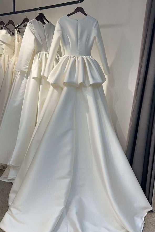 Long Sleeves Satin Wedding Dress With Detachable Swing Train