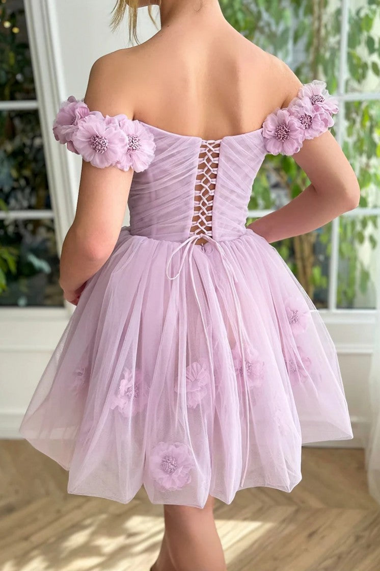 Charming Lilac Cute Short Homecoming Dresses Handmade 3D Flowers Mini TANYA BRIDAL