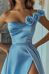 One Shoulder Flower Strap Long Satin Blue Prom Dress