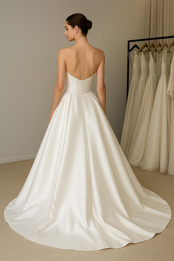Simple Ivory Satin Wedding Dress Court Train With Buttons