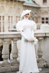 Puffy Sleeves Long Satin Muslim Wedding Dress With Train