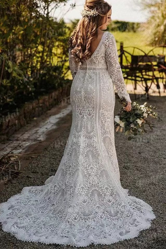 Bohemian Lace Wedding Dress Plus Size Full Sleeves Mermaid Bridal Gown TANYA BRIDAL Bohemian Lace Wedding Dress Plus Size Full Sleeves Mermaid Bridal Gown TANYA BRIDAL