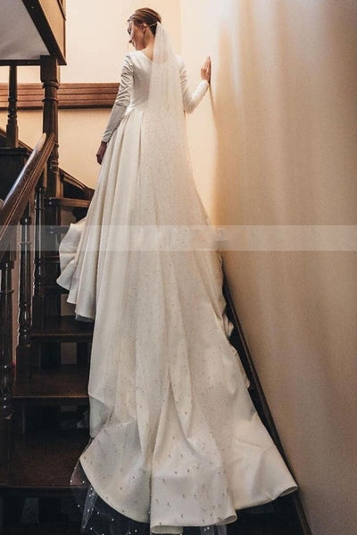 A Line Satin Modest Wedding Dress With Sleeves