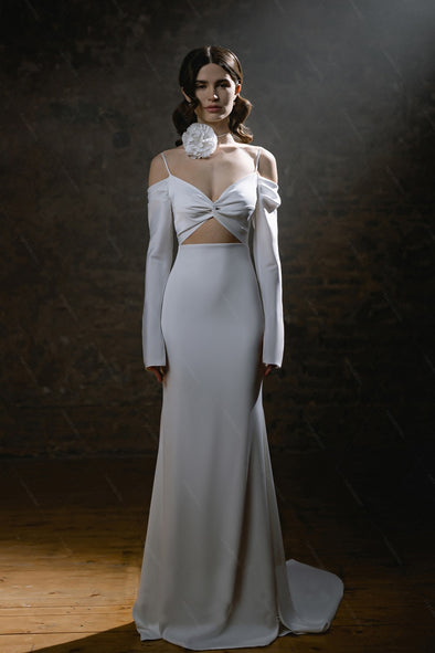 Soft Satin Long Sleeve Wedding Dresses With Special Cut at Waist Chic ZW1033