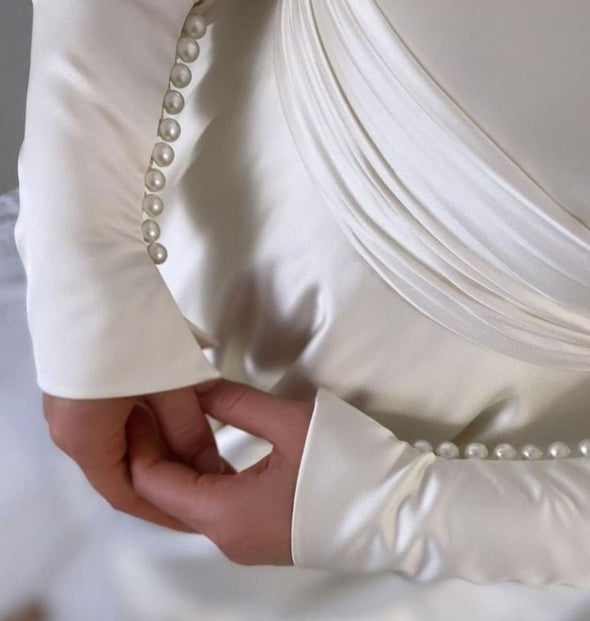 Crew Shoulder Full Sleeves A Line Satin Muslim Wedding Gown