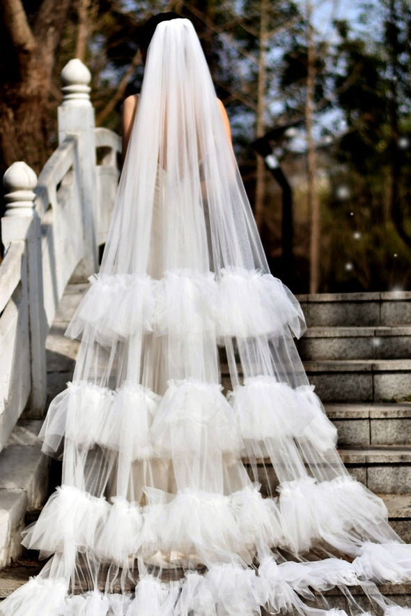 Tiered Long Tulle Wedding Veil With Comb V117A