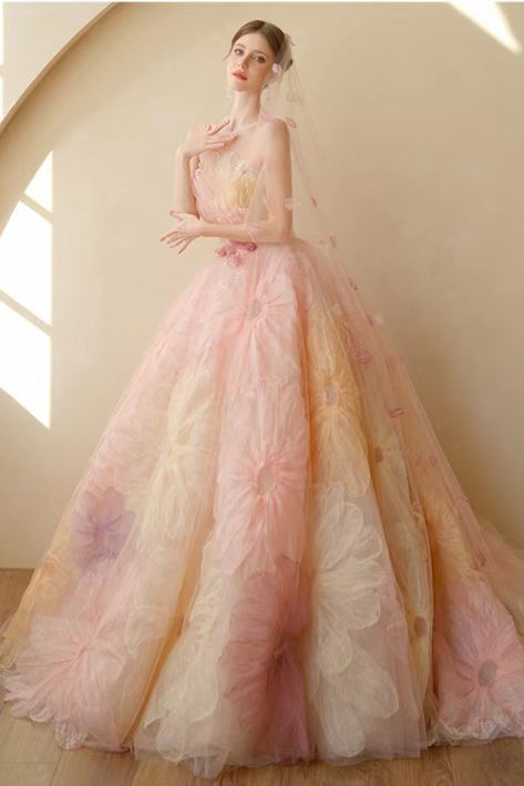 oleg cassini subtle pink 3d floral wedding dress Floral Wedding Dress: Pink Tulle Gown With 3D Flowers and Long Sleeves (size M)