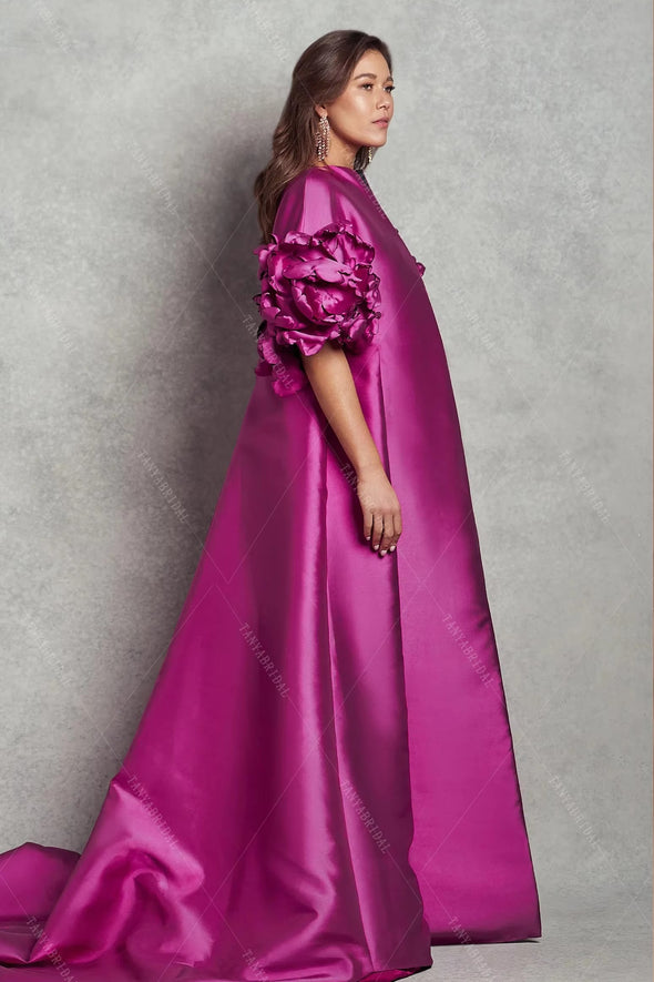 ZJ239 Fuchsia Long Evening Coat Taffeta Cape Stylish