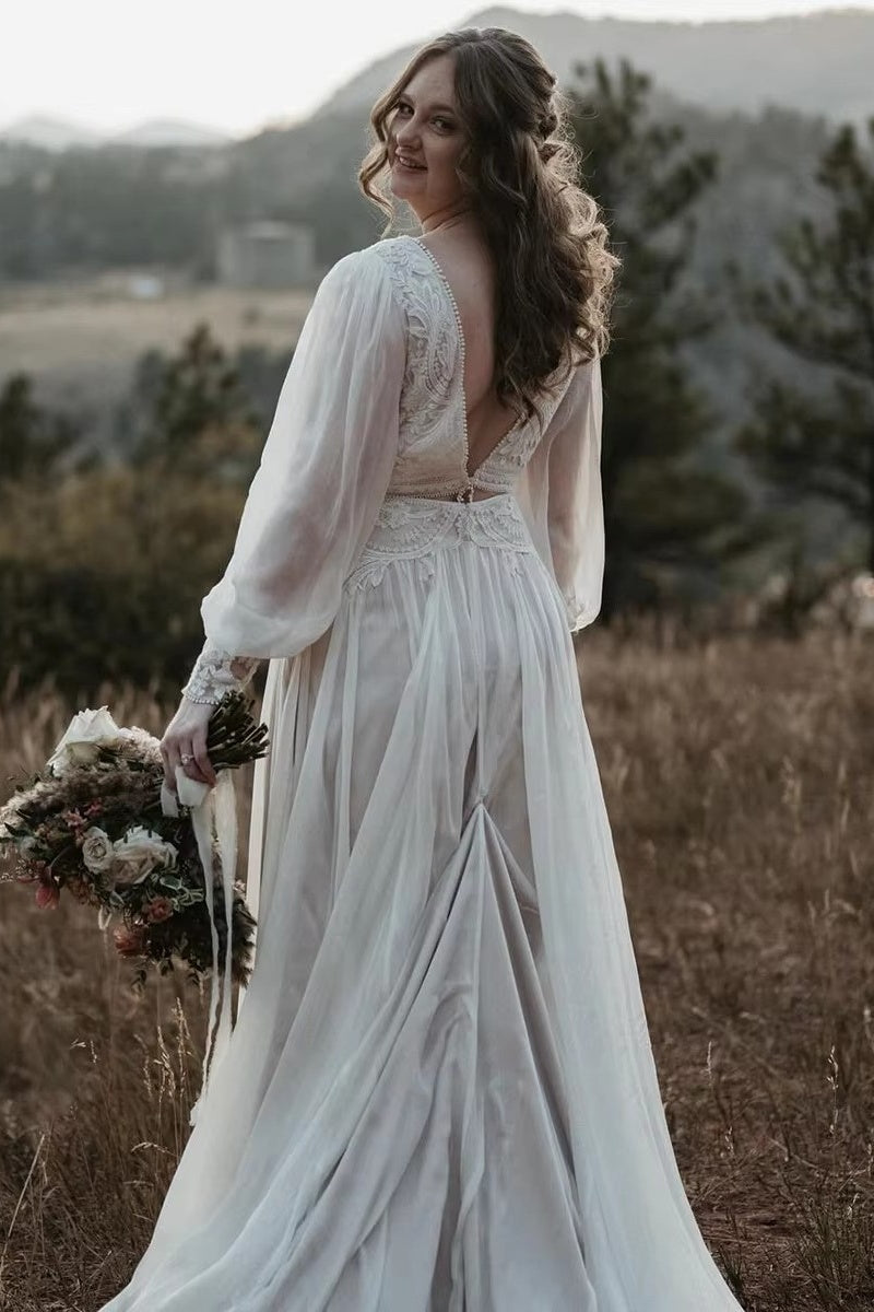 DZ9672 Long Puff Sleeves Plunge V Neck Boho Wedding Dress – TANYA BRIDAL