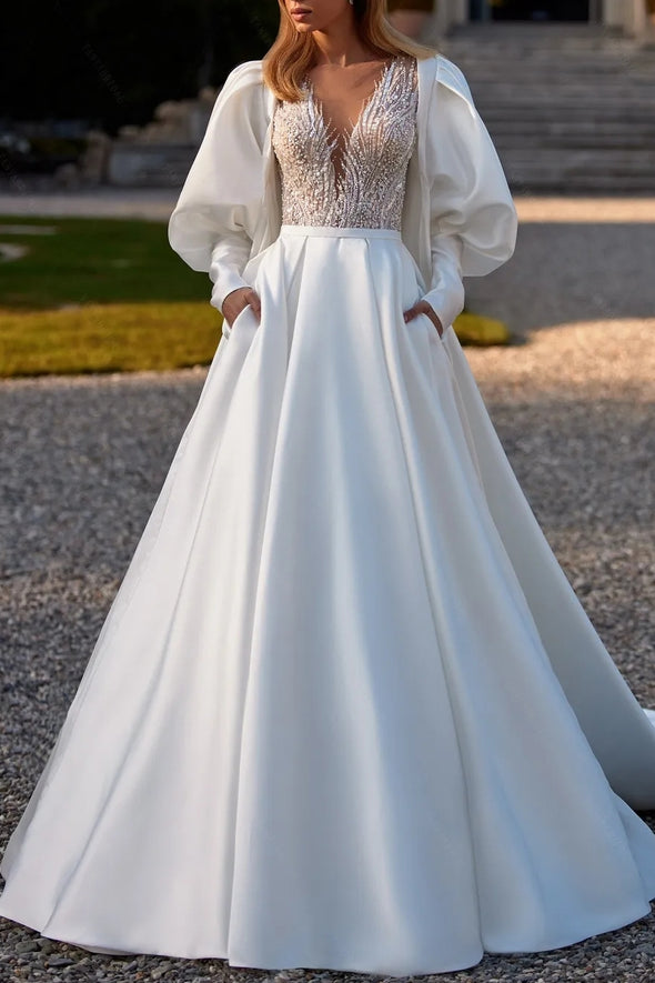 Splendid Wedding Jacket, Long Wrap With Puffed Sleeves ZJ090