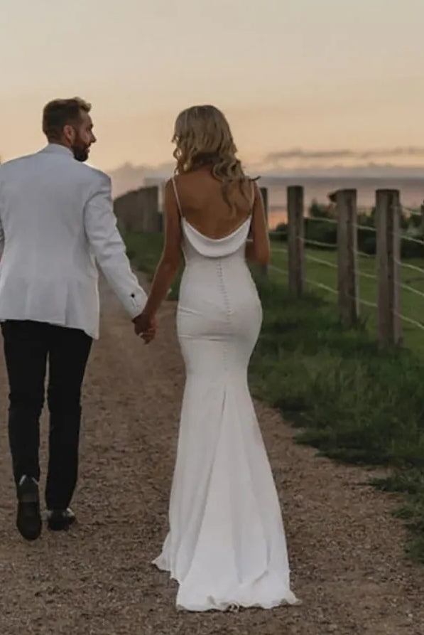 Elegant Crepe Cowl Neck Mermaid Wedding Gown For Brides Elegant Crepe Cowl Neck Mermaid Wedding Gown For Brides