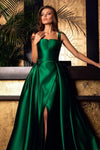 Green Satin Long Prom Dresses With Detachable Train