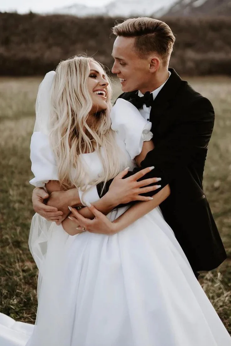 Princess Ball Gown Square Neck Puff Sleeves Satin Wedding Dress – TANYA BRIDAL