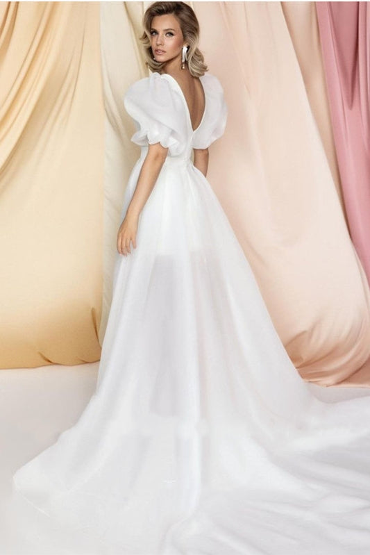 Wedding Dress Elegant V-Neck A-Line Short Puffy Sleeves With Detachable Train