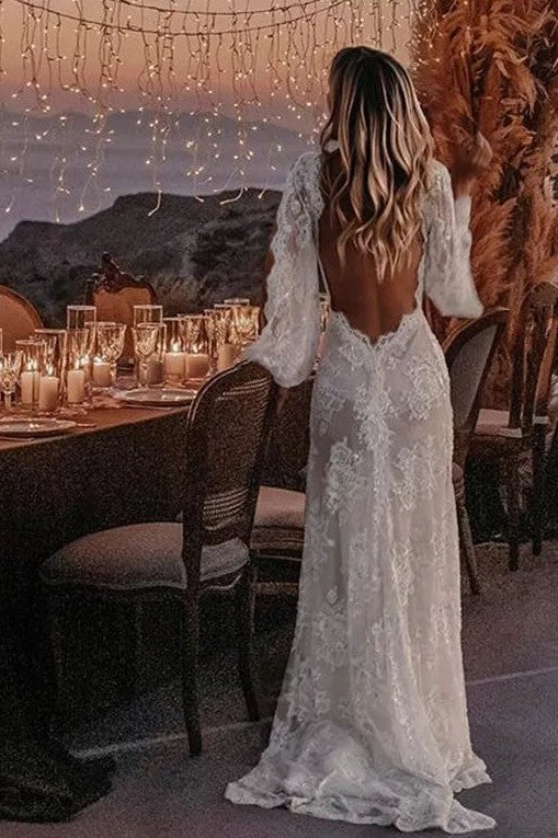 Bohemian Wedding Dresses Lace V-Neck Elegant Wedding Gown