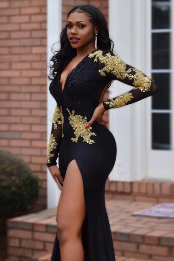 Sexy Women Mermaid Black Evening Dresses Long Sleeve Gold Lace Applique