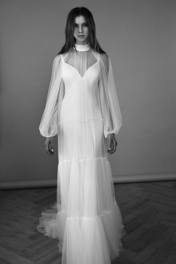 Bohemian Soft Tulle Long Sleeves Wedding Dress Ruffles