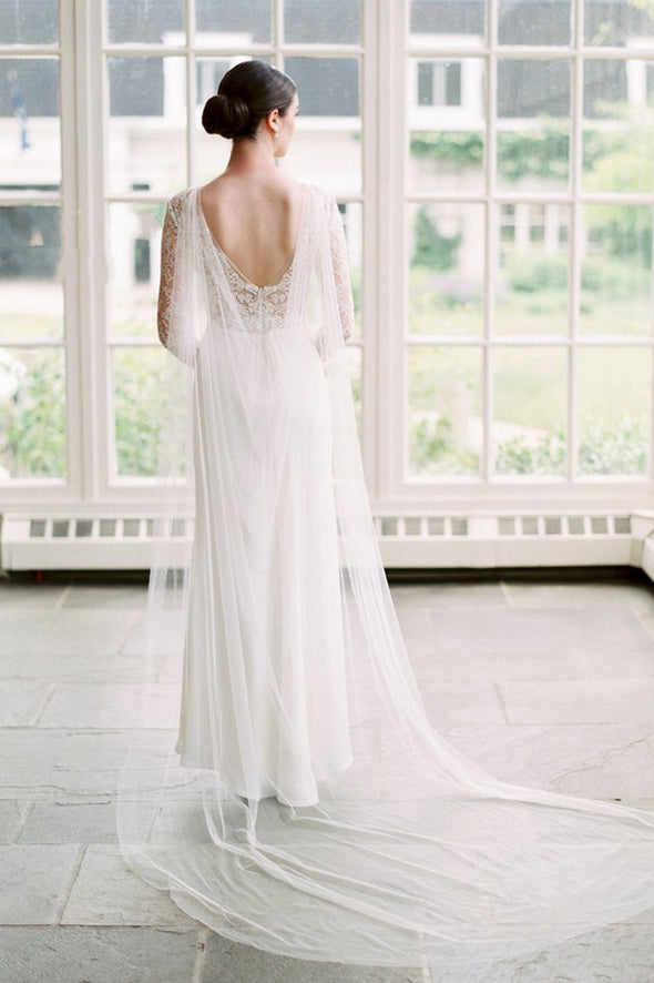 Simple Bohemian Long Tulle Wedding Bridal Cape With Pin