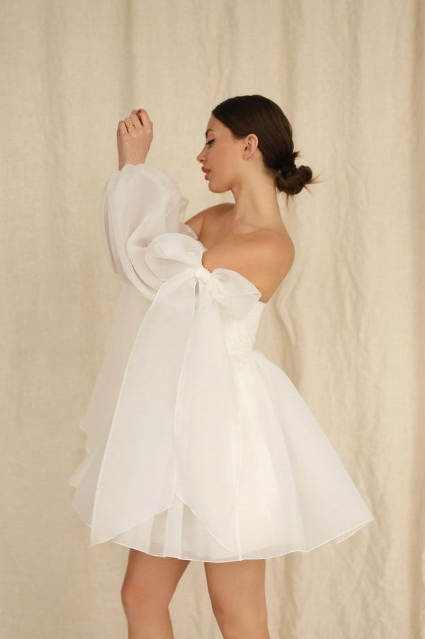 white homecoming dress with bow Zapaka Women White Strapless Homecoming Dress Corset A Line Satin Short Graduation Dress, White / US4