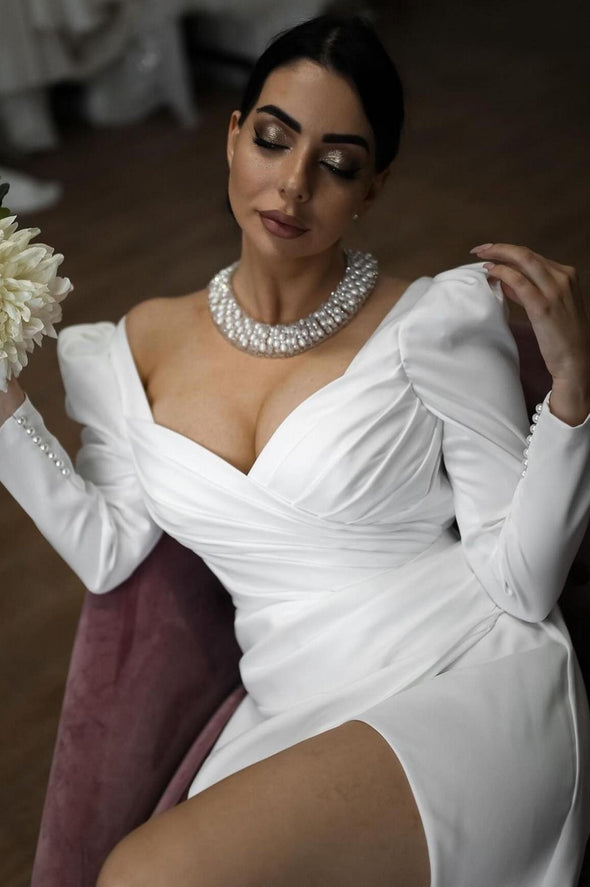 Long Puff Sleeves Sweettheart Soft Satin Mermaid Wedding Dresses