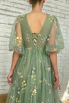 Embroidery A Line V Neck Tulle Homecoming Dress Short Sleeves