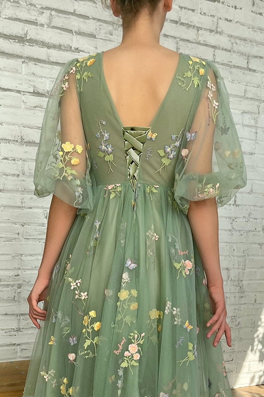 Embroidery A Line V Neck Tulle Homecoming Dress Short Sleeves