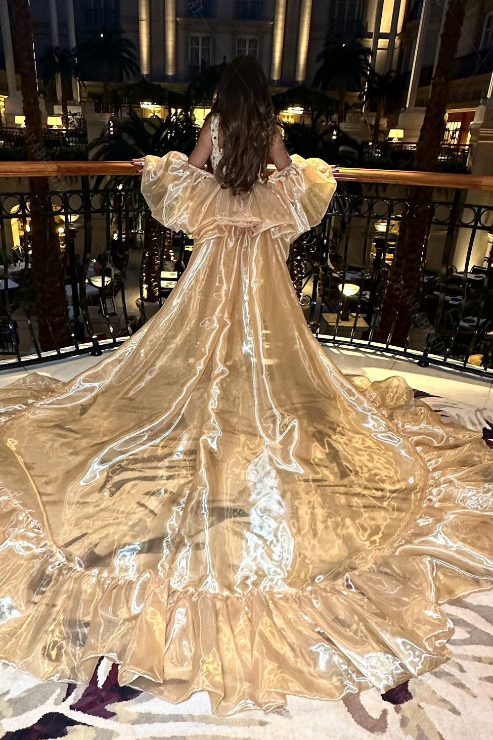 shiny organza dress SHINY ORGANZA SCOOP BUSTLINE FULLY SEQUINED BODICE