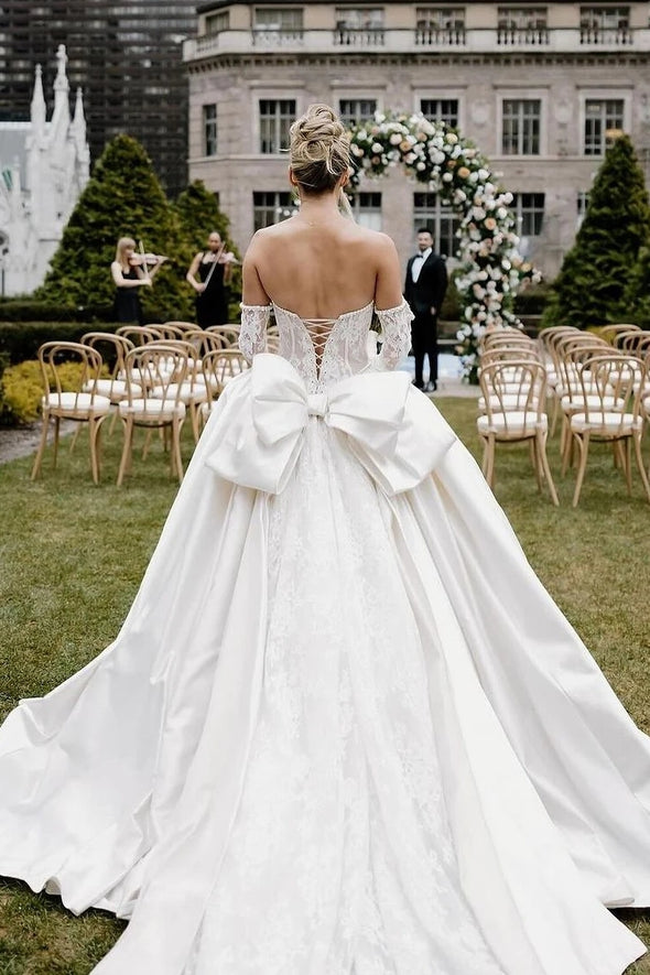 Lace Satin Ball Gown Wedding Dress With Bow Back DW901