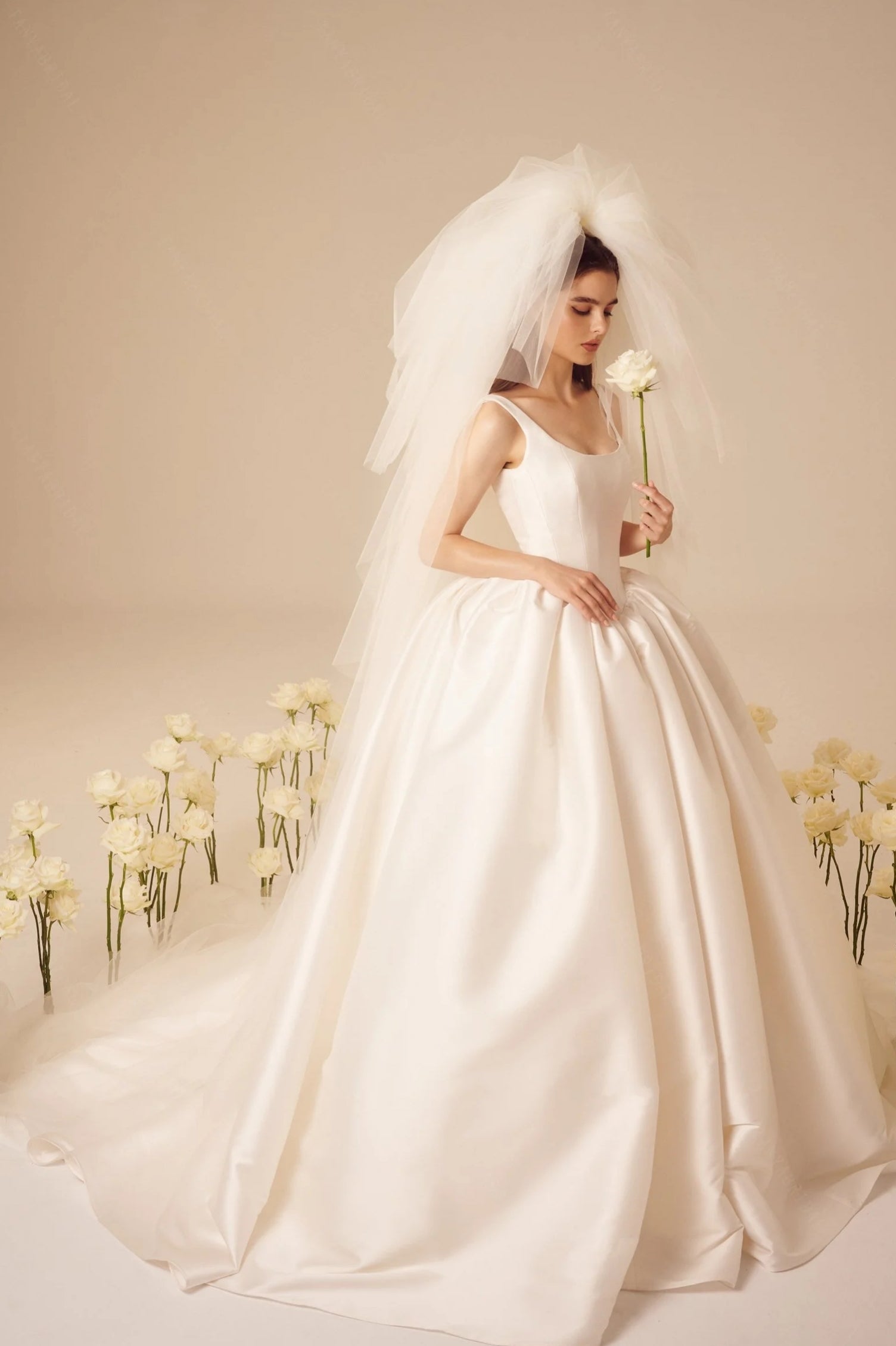 satin mikado wedding dress Mikado A-Line Wedding Dress with Reverse Sweetheart Neckline, Drop-down waist & Chapel Train 8