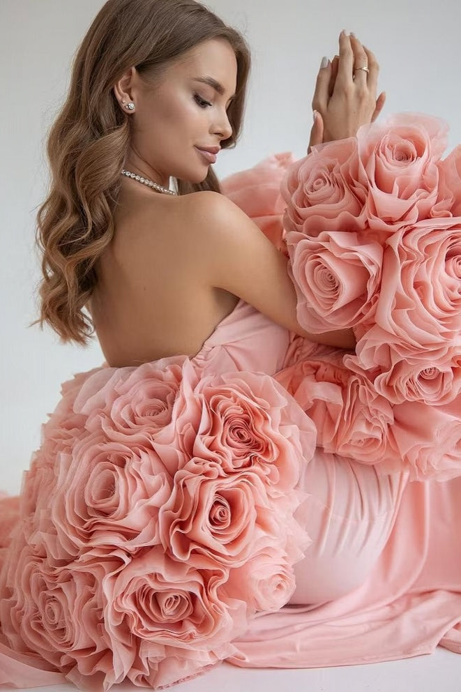 Pink Mermaid Evening Dress With Rose Flower Cape TANYA BRIDAL Pink Mermaid Evening Dress With Rose Flower Cape TANYA BRIDAL