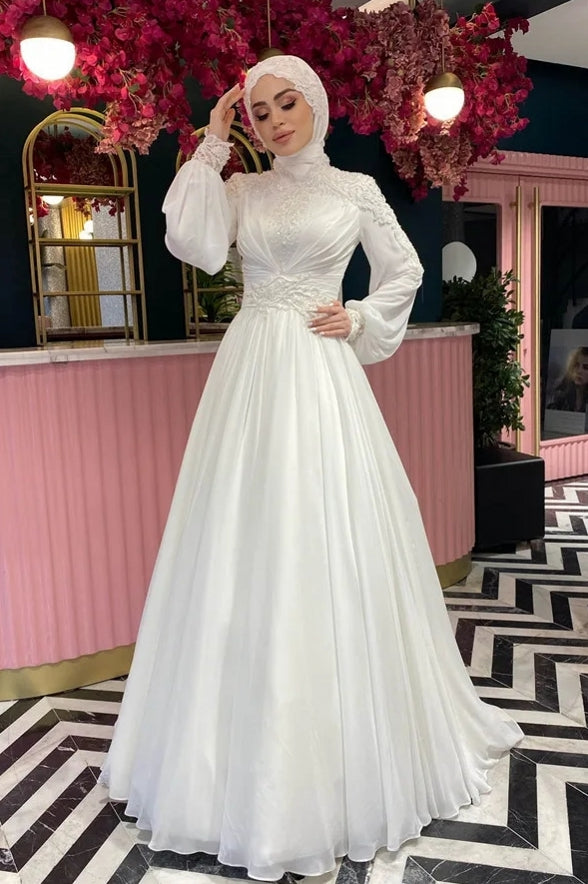 Chiffon Appliques Beaded Long Sleeve Muslim Wedding Dresses