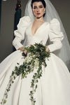 V Neck Long Crew Sleeves Ball Gown Bridal Dress