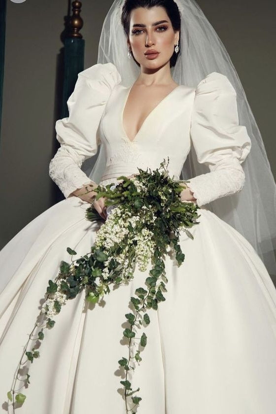 V Neck Long Crew Sleeves Ball Gown Bridal Dress