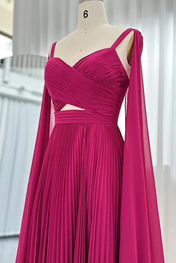 Arabic Fuchsia Chiffon Dubai Evening Dresses With Cape