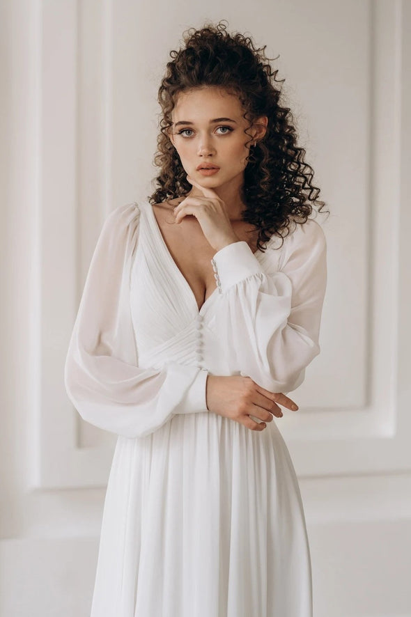 Simple Chiffon A Line V Neck Wedding Dress With Long Sleeves