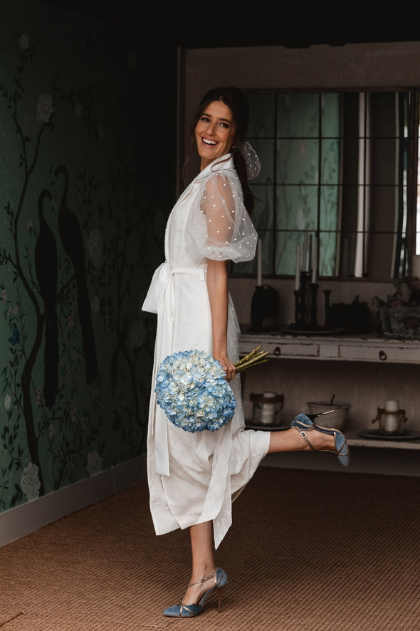 Tea Length Soft Satin Wedding Dresses Puffy Dot Tulle ZW971