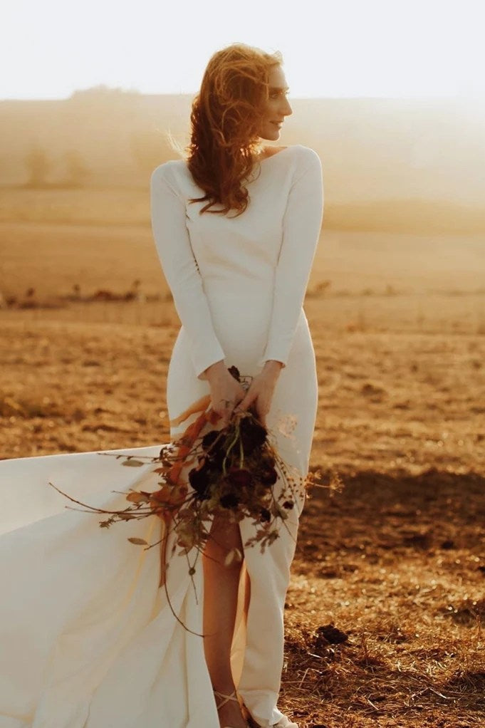 Backless Satin Wedding Dresses Mermaid Long Sleeves Gowns 242191538 – TANYA BRIDAL