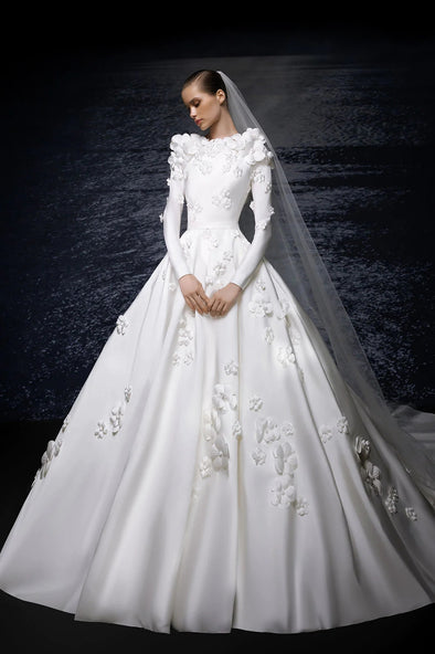 Luxury Long Sleeves Satin Flowers Backless Wedding Bridal Gown