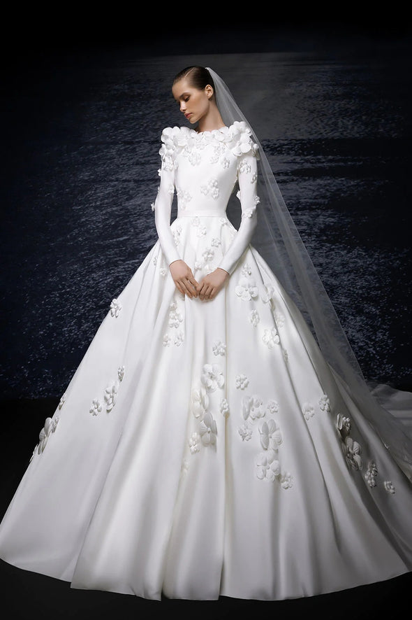 Luxury Long Sleeves Satin Flowers Backless Wedding Bridal Gown