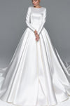Simple Satin Long Muslim Wedding Dresses Court Train