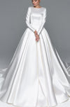 Simple Satin Long Muslim Wedding Dresses Court Train