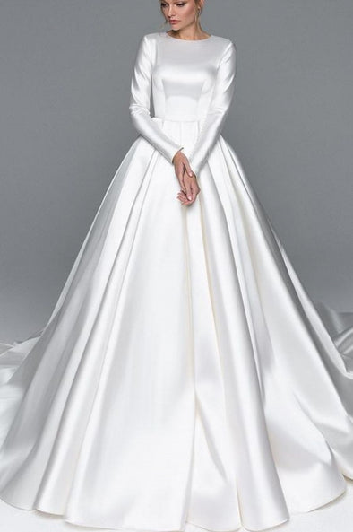 Simple Satin Long Muslim Wedding Dresses Court Train